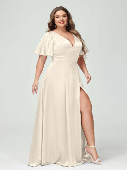 Plus Size Silk Satin Bridesmaid Dress with Pockets, A-Line V-Neck and Half Sleeves