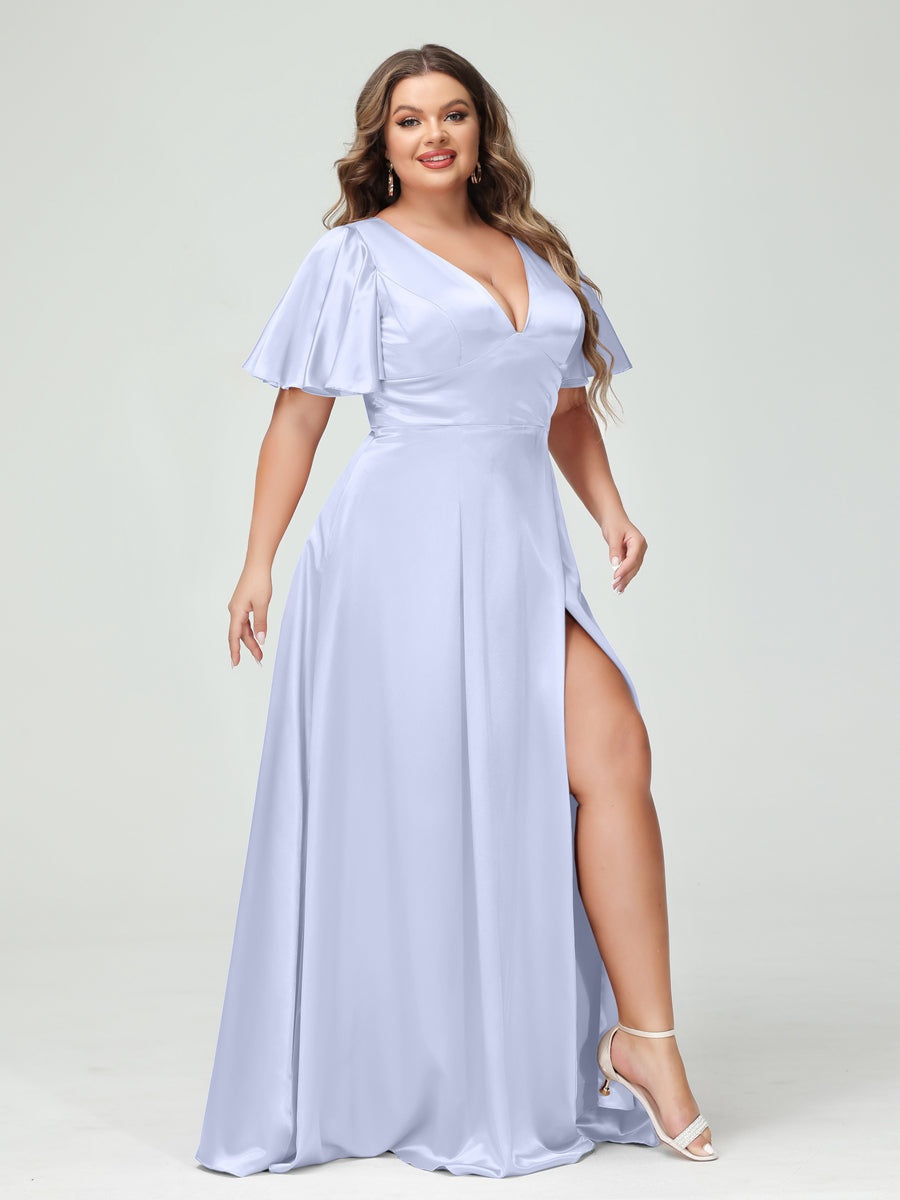 Plus Size Silk Satin Bridesmaid Dress with Pockets, A-Line V-Neck and Half Sleeves