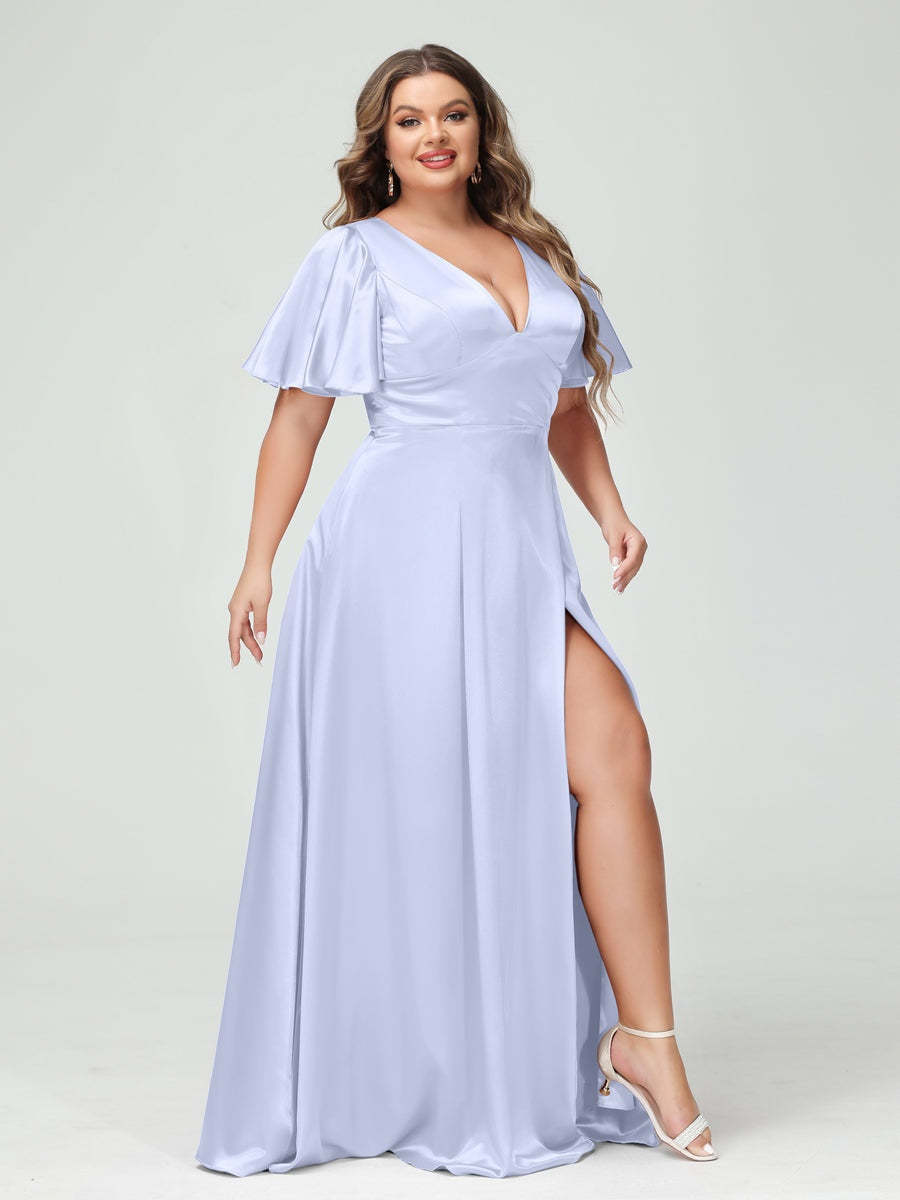 Plus Size Silk Satin Bridesmaid Dress with Pockets, A-Line V-Neck and Half Sleeves