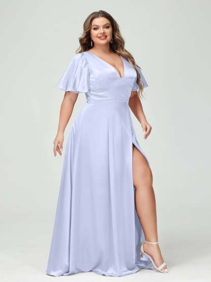 Plus Size Silk Satin Bridesmaid Dress with Pockets, A-Line V-Neck and Half Sleeves