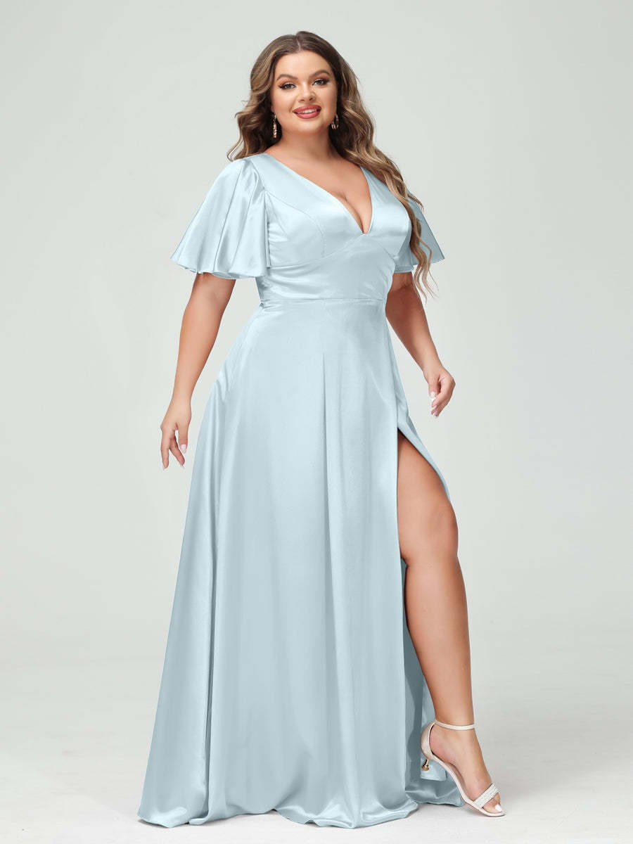 Plus Size Silk Satin Bridesmaid Dress with Pockets, A-Line V-Neck and Half Sleeves