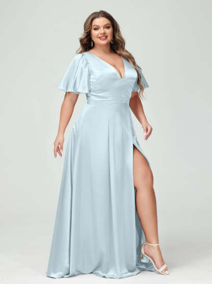 Plus Size Silk Satin Bridesmaid Dress with Pockets, A-Line V-Neck and Half Sleeves