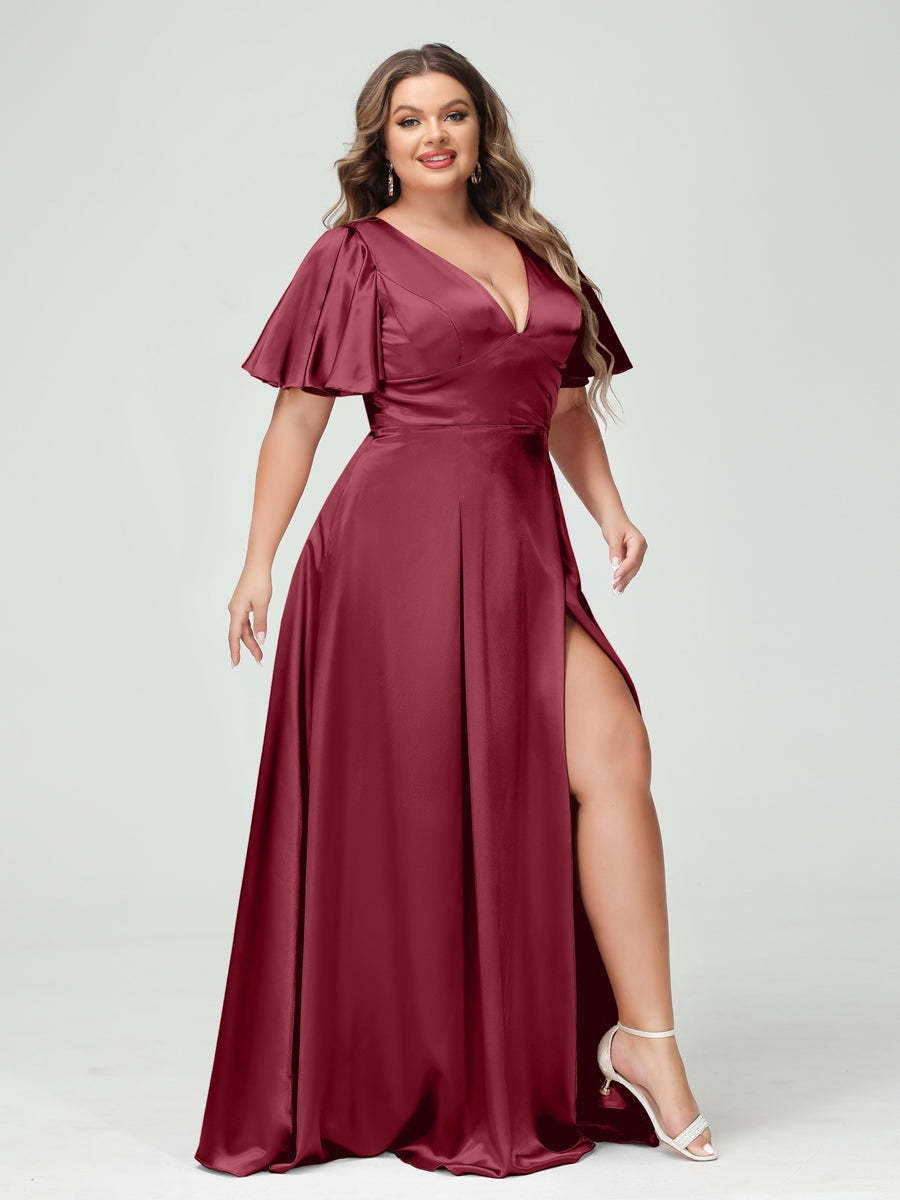Plus Size Silk Satin Bridesmaid Dress with Pockets, A-Line V-Neck and Half Sleeves
