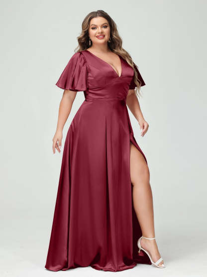 Plus Size Silk Satin Bridesmaid Dress with Pockets, A-Line V-Neck and Half Sleeves