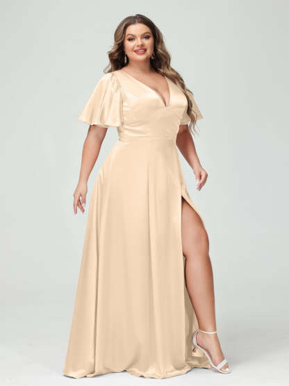 Plus Size Silk Satin Bridesmaid Dress with Pockets, A-Line V-Neck and Half Sleeves