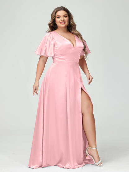 Plus Size Silk Satin Bridesmaid Dress with Pockets, A-Line V-Neck and Half Sleeves