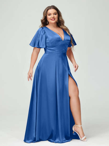 Plus Size Silk Satin Bridesmaid Dress with Pockets, A-Line V-Neck and Half Sleeves