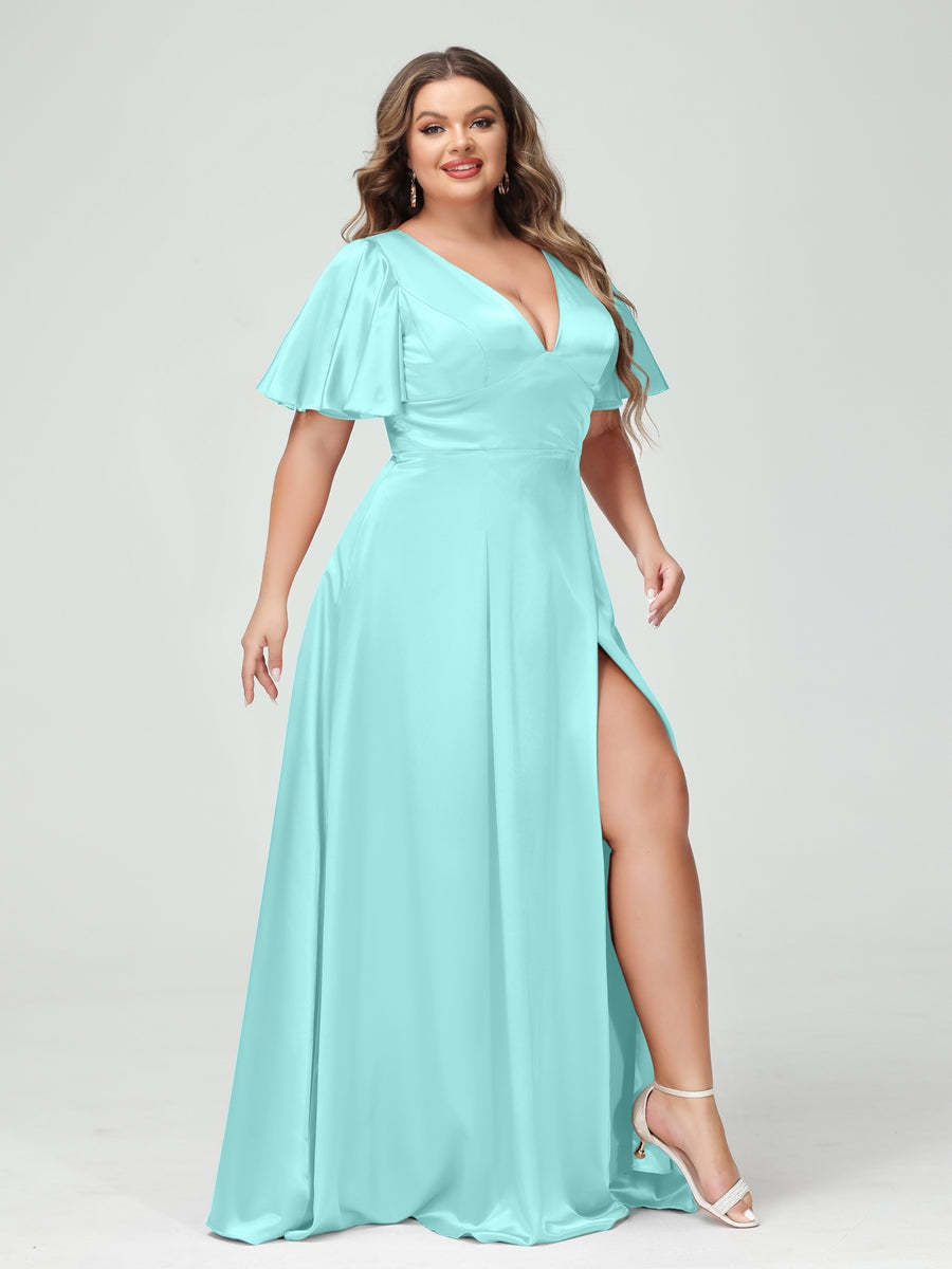 Plus Size Silk Satin Bridesmaid Dress with Pockets, A-Line V-Neck and Half Sleeves