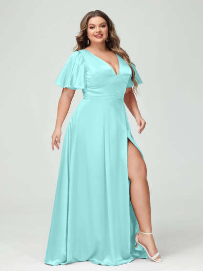 Plus Size Silk Satin Bridesmaid Dress with Pockets, A-Line V-Neck and Half Sleeves