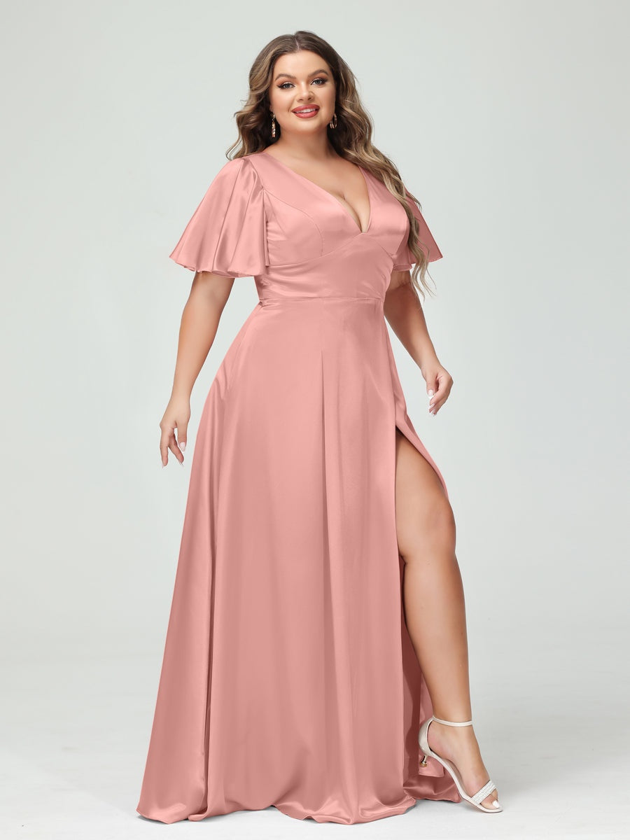 Plus Size Silk Satin Bridesmaid Dress with Pockets, A-Line V-Neck and Half Sleeves