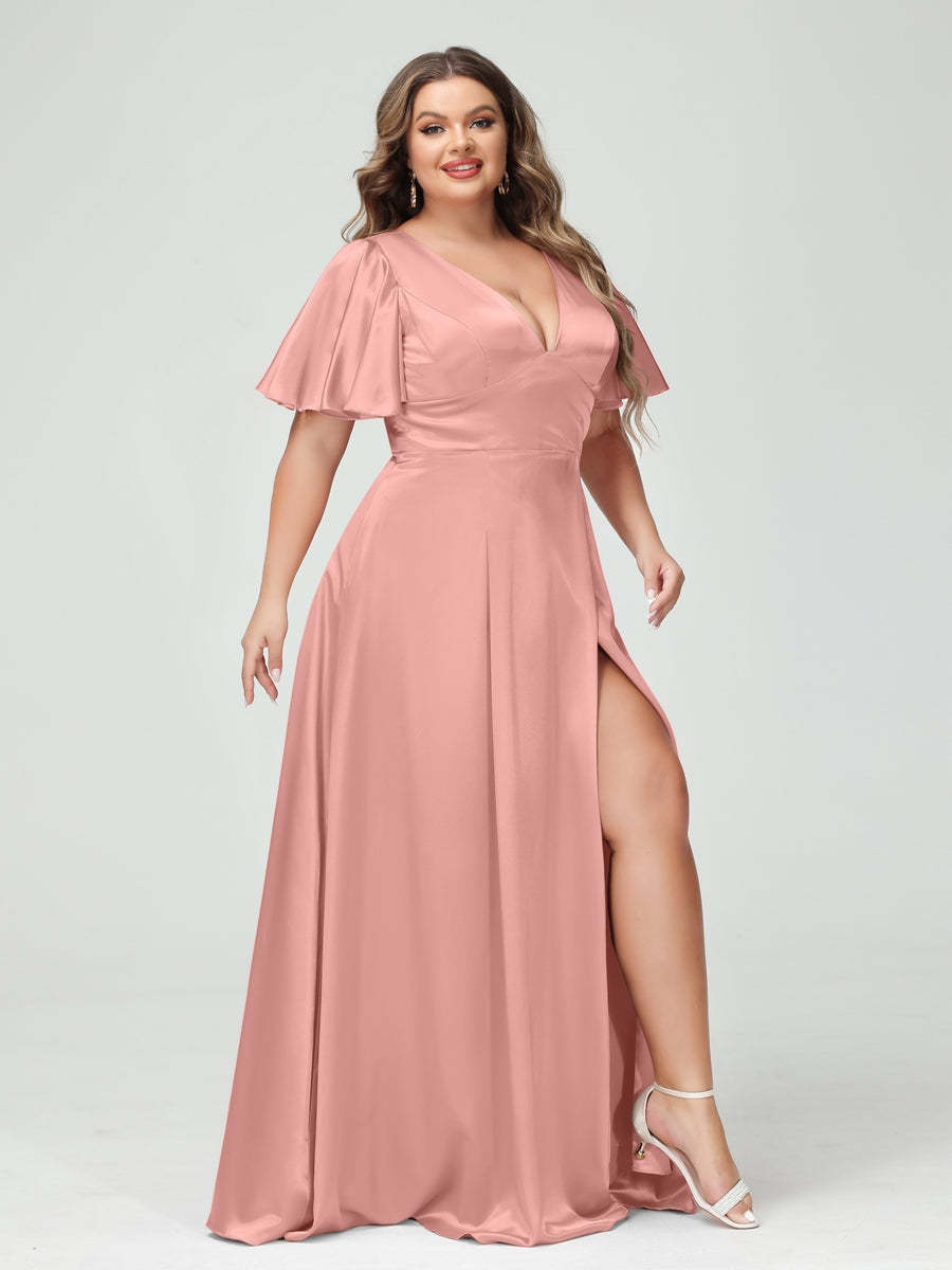 Plus Size Silk Satin Bridesmaid Dress with Pockets, A-Line V-Neck and Half Sleeves