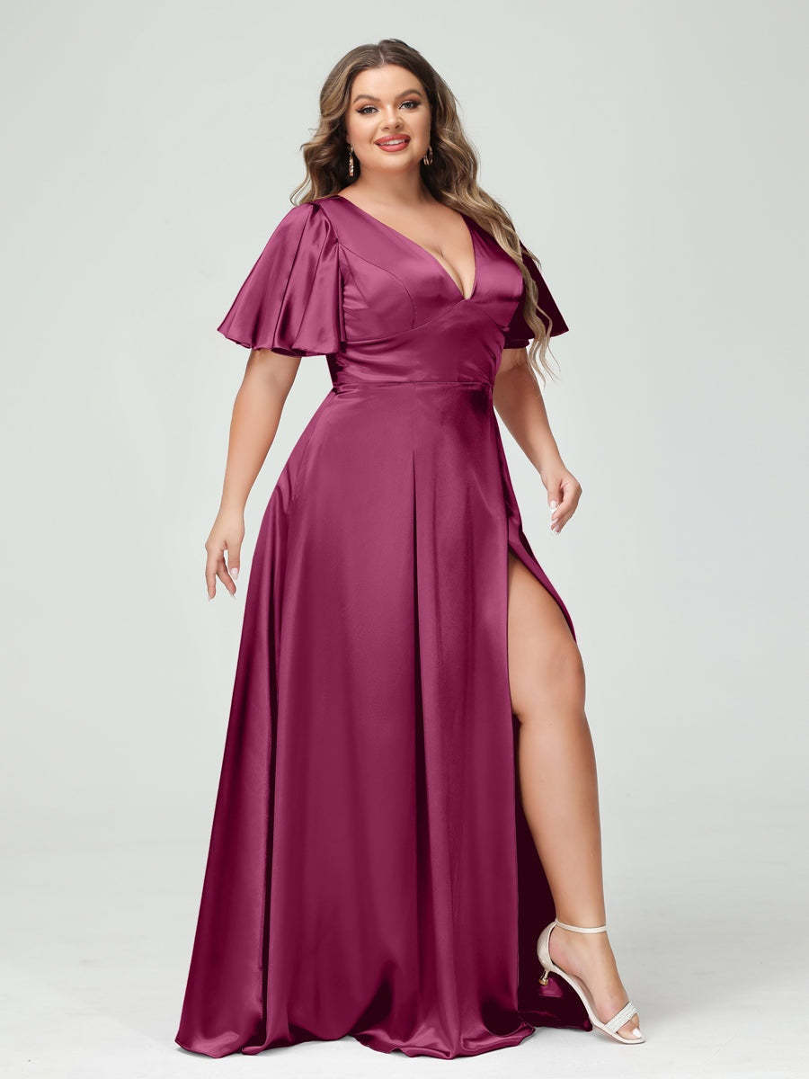 Plus Size Silk Satin Bridesmaid Dress with Pockets, A-Line V-Neck and Half Sleeves