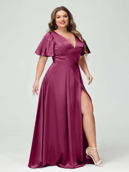 Plus Size Silk Satin Bridesmaid Dress with Pockets, A-Line V-Neck and Half Sleeves