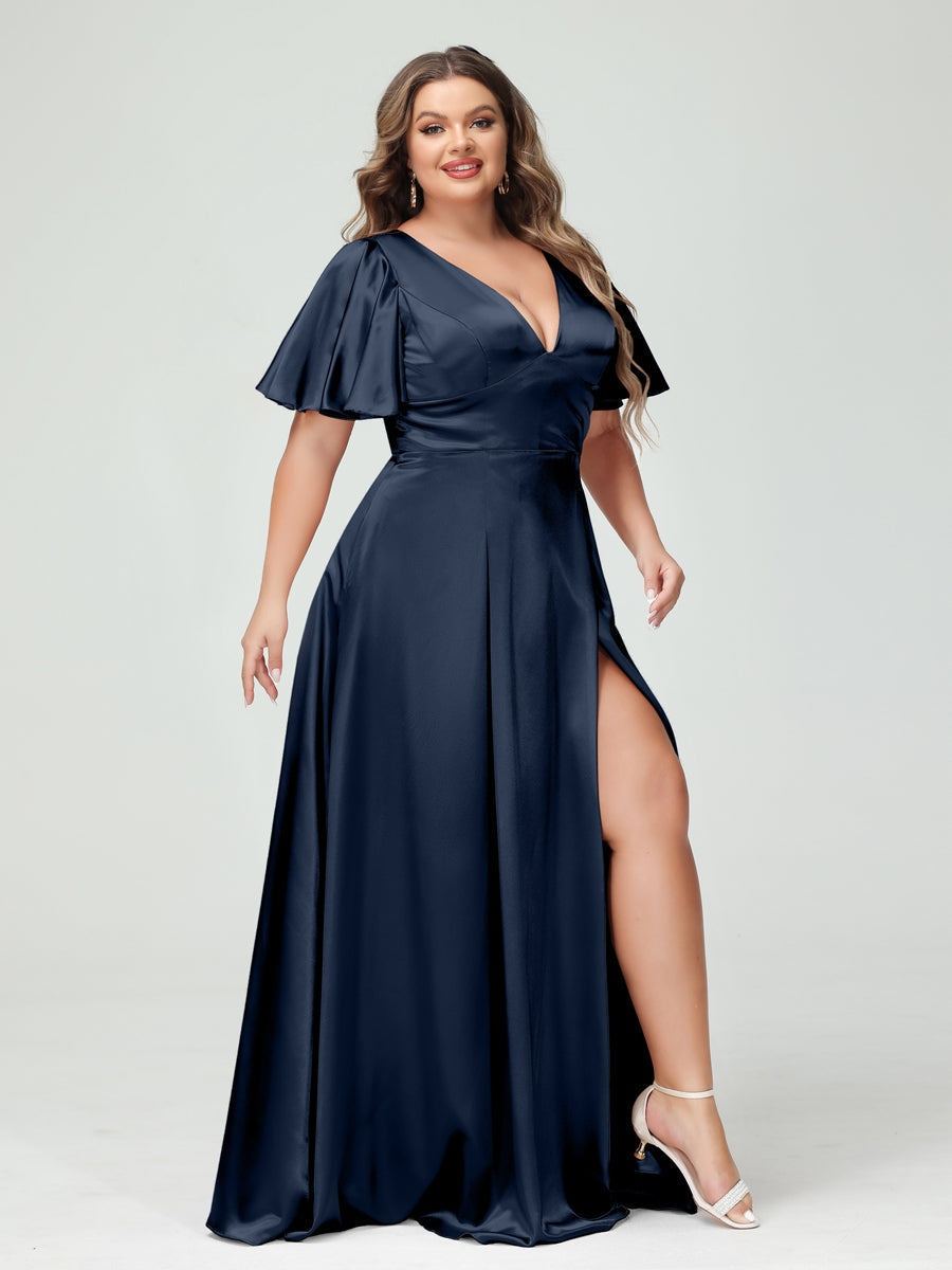 Plus Size Silk Satin Bridesmaid Dress with Pockets, A-Line V-Neck and Half Sleeves