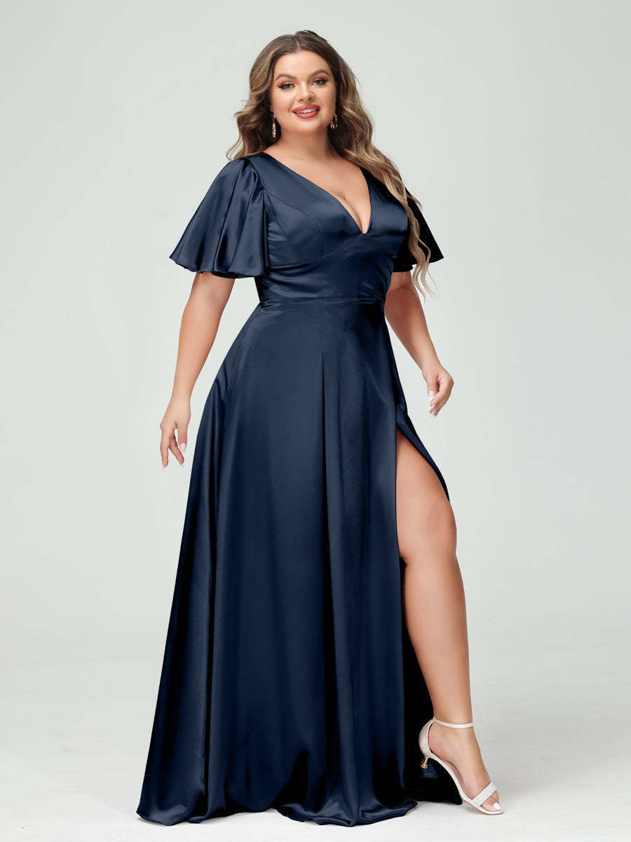 Plus Size Silk Satin Bridesmaid Dress with Pockets, A-Line V-Neck and Half Sleeves