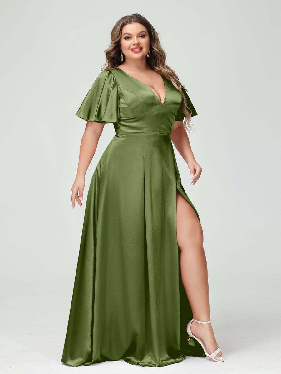 Plus Size Silk Satin Bridesmaid Dress with Pockets, A-Line V-Neck and Half Sleeves