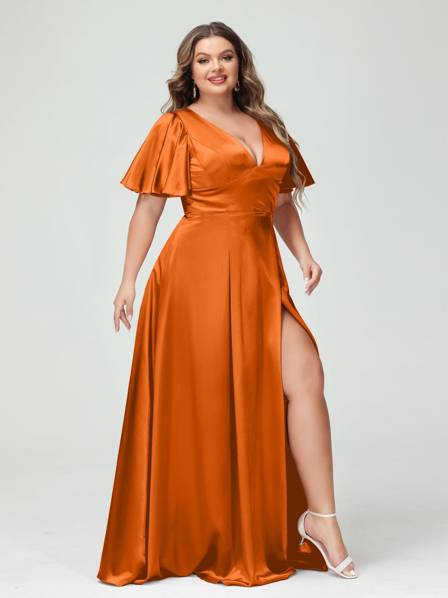 Plus Size Silk Satin Bridesmaid Dress with Pockets, A-Line V-Neck and Half Sleeves