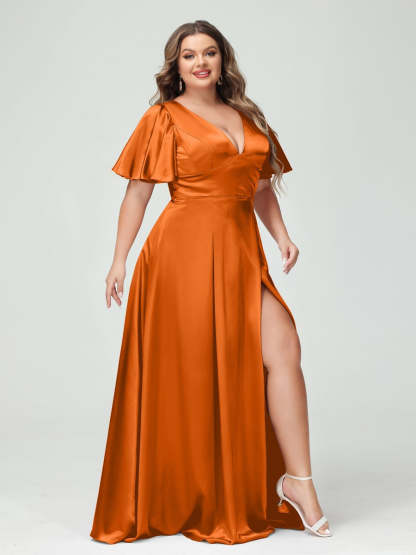 Plus Size Silk Satin Bridesmaid Dress with Pockets, A-Line V-Neck and Half Sleeves