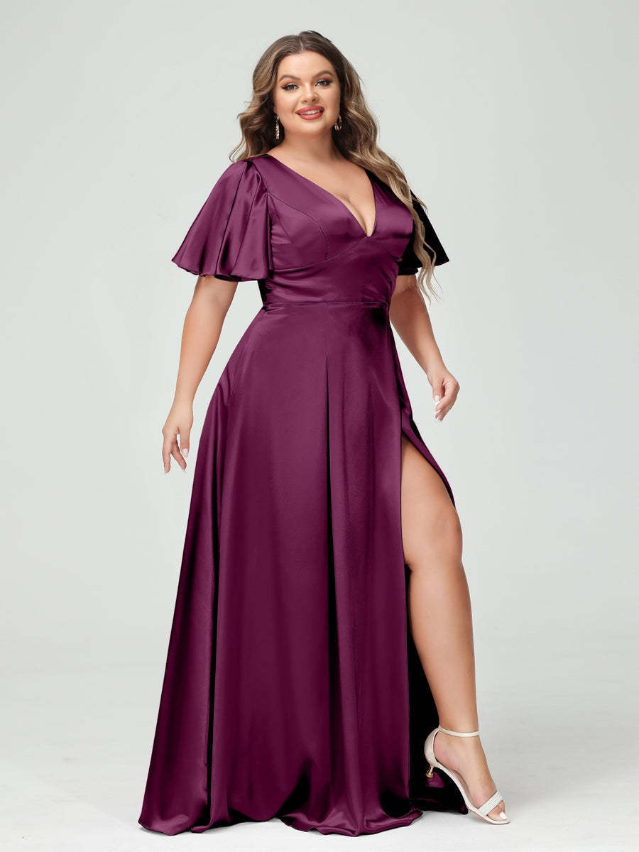 Plus Size Silk Satin Bridesmaid Dress with Pockets, A-Line V-Neck and Half Sleeves