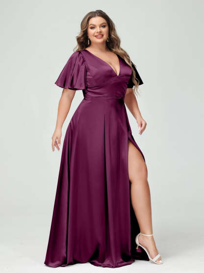 Plus Size Silk Satin Bridesmaid Dress with Pockets, A-Line V-Neck and Half Sleeves