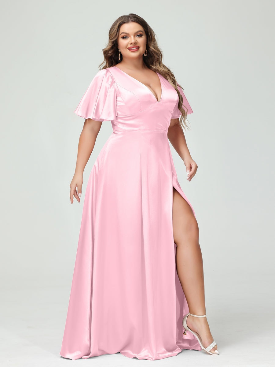 Plus Size Silk Satin Bridesmaid Dress with Pockets, A-Line V-Neck and Half Sleeves