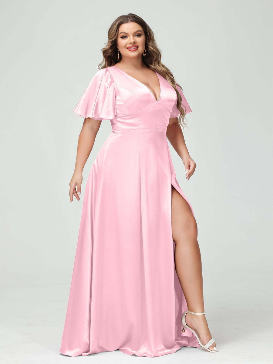 Plus Size Silk Satin Bridesmaid Dress with Pockets, A-Line V-Neck and Half Sleeves