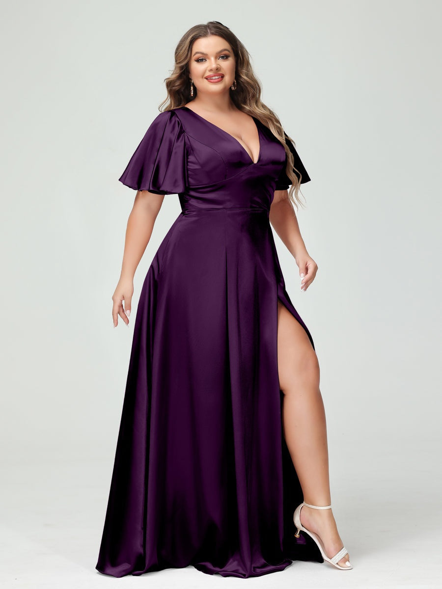 Plus Size Silk Satin Bridesmaid Dress with Pockets, A-Line V-Neck and Half Sleeves