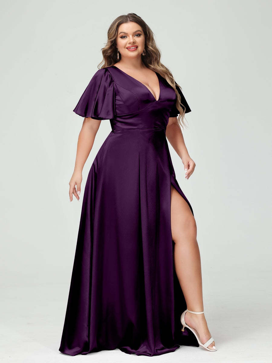 Plus Size Silk Satin Bridesmaid Dress with Pockets, A-Line V-Neck and Half Sleeves