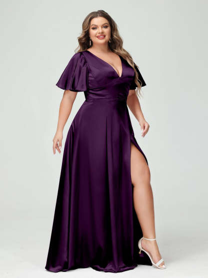 Plus Size Silk Satin Bridesmaid Dress with Pockets, A-Line V-Neck and Half Sleeves