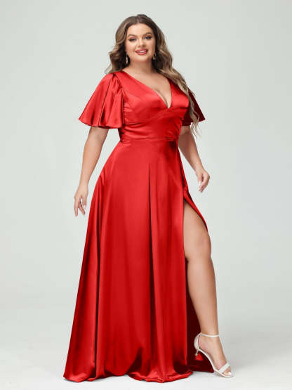 Plus Size Silk Satin Bridesmaid Dress with Pockets, A-Line V-Neck and Half Sleeves