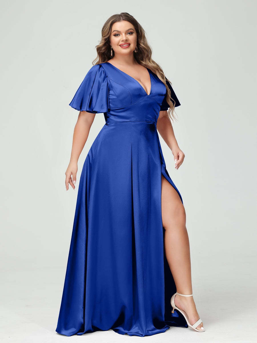 Plus Size Silk Satin Bridesmaid Dress with Pockets, A-Line V-Neck and Half Sleeves