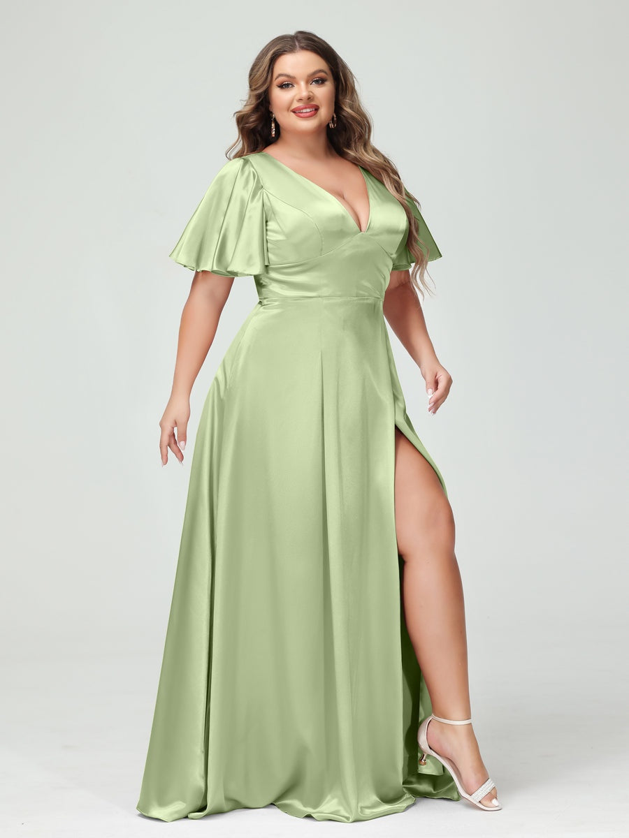 Plus Size Silk Satin Bridesmaid Dress with Pockets, A-Line V-Neck and Half Sleeves