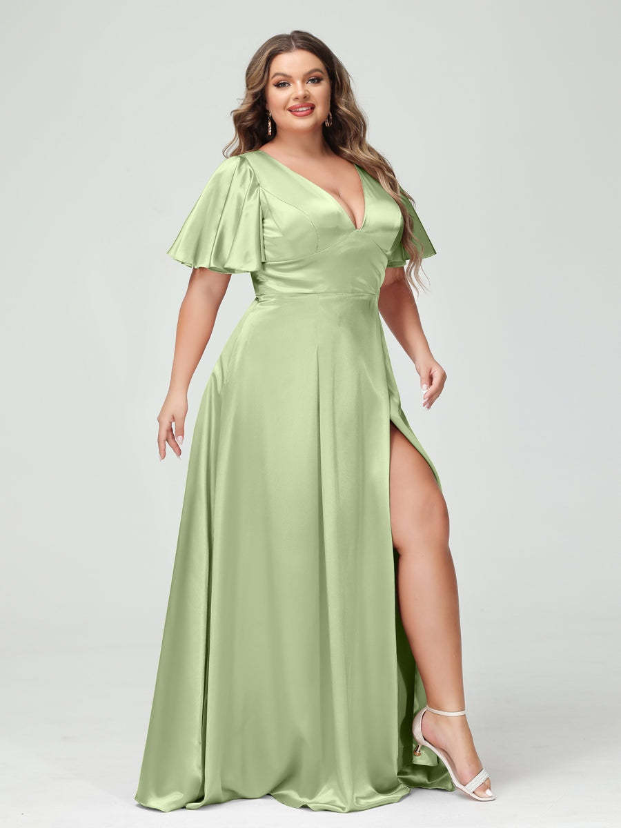 Plus Size Silk Satin Bridesmaid Dress with Pockets, A-Line V-Neck and Half Sleeves