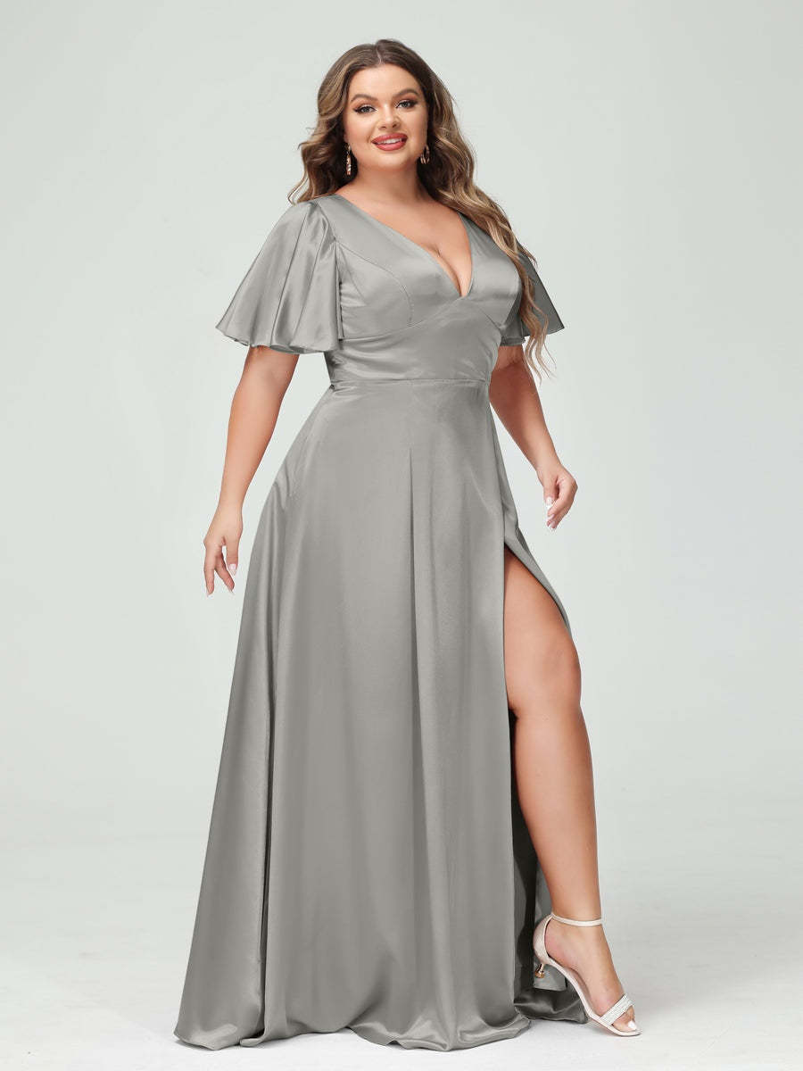 Plus Size Silk Satin Bridesmaid Dress with Pockets, A-Line V-Neck and Half Sleeves
