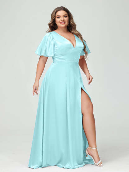 Plus Size Silk Satin Bridesmaid Dress with Pockets, A-Line V-Neck and Half Sleeves