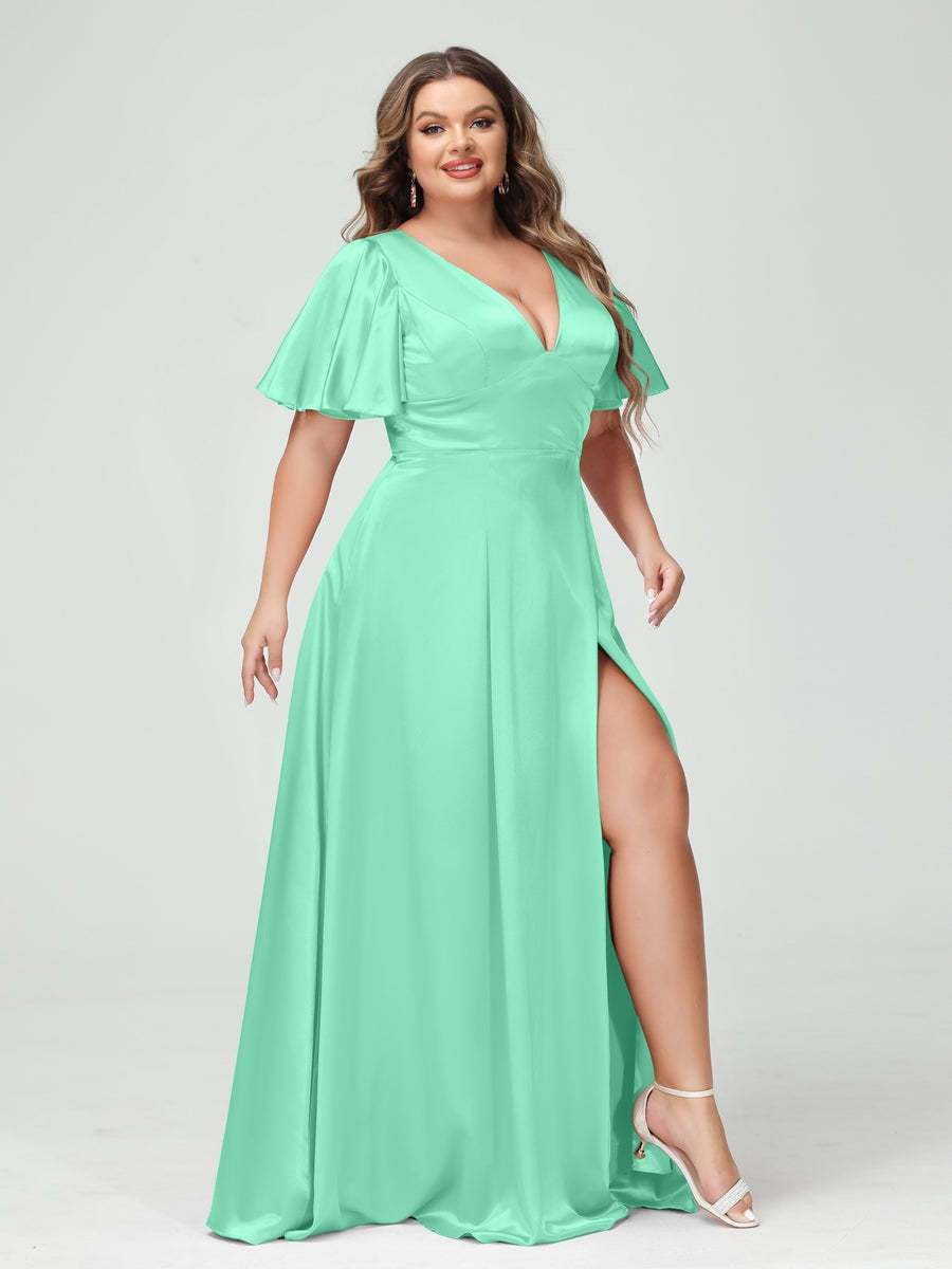 Plus Size Silk Satin Bridesmaid Dress with Pockets, A-Line V-Neck and Half Sleeves