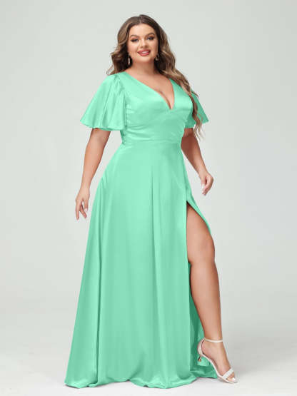 Plus Size Silk Satin Bridesmaid Dress with Pockets, A-Line V-Neck and Half Sleeves