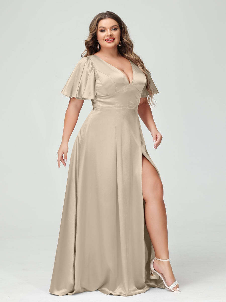Plus Size Silk Satin Bridesmaid Dress with Pockets, A-Line V-Neck and Half Sleeves