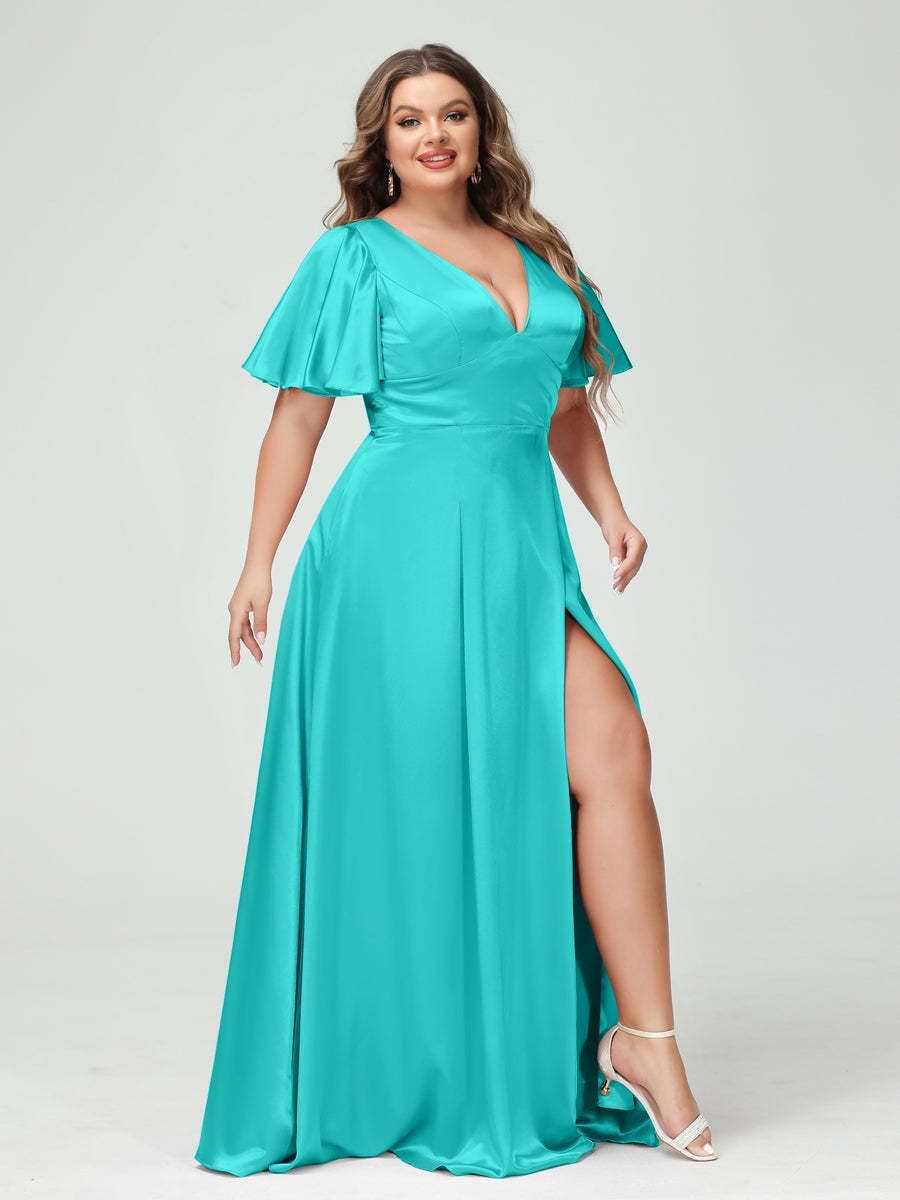 Plus Size Silk Satin Bridesmaid Dress with Pockets, A-Line V-Neck and Half Sleeves
