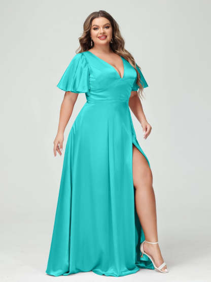 Plus Size Silk Satin Bridesmaid Dress with Pockets, A-Line V-Neck and Half Sleeves