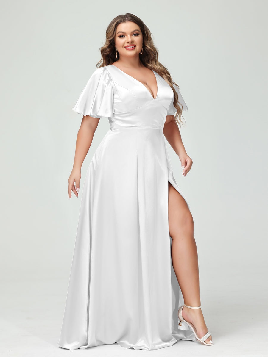 Plus Size Silk Satin Bridesmaid Dress with Pockets, A-Line V-Neck and Half Sleeves