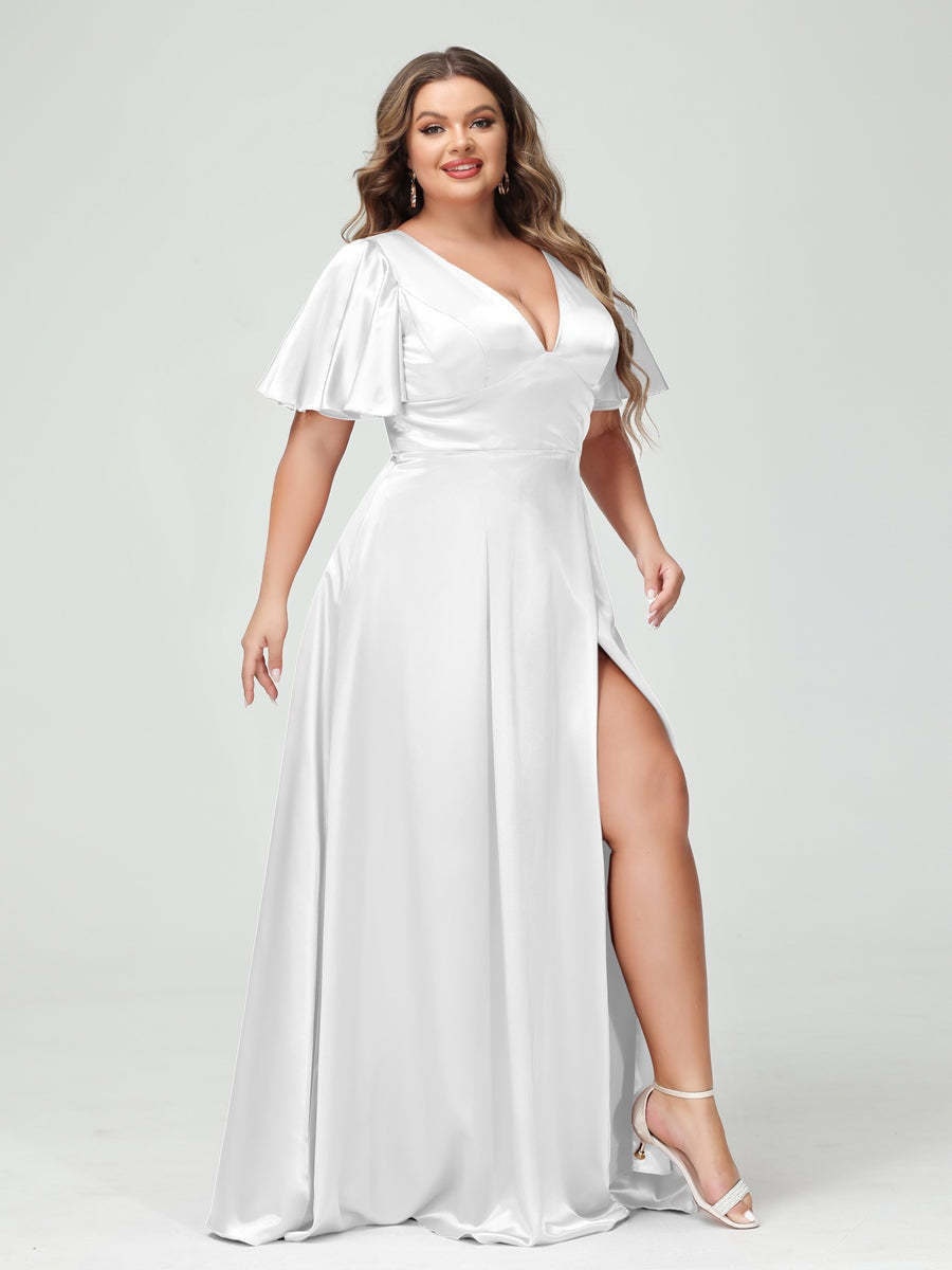 Plus Size Silk Satin Bridesmaid Dress with Pockets, A-Line V-Neck and Half Sleeves