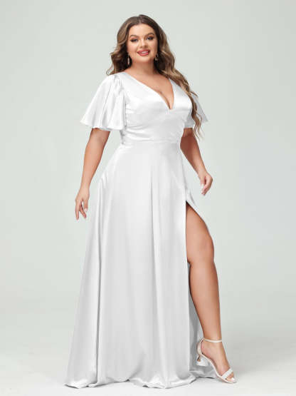 Plus Size Silk Satin Bridesmaid Dress with Pockets, A-Line V-Neck and Half Sleeves