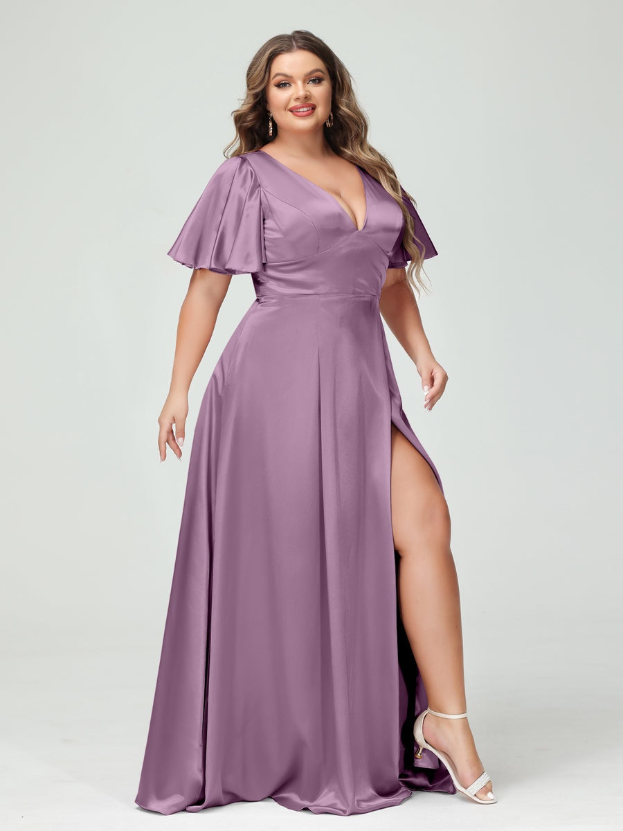 Plus Size Silk Satin Bridesmaid Dress with Pockets, A-Line V-Neck and Half Sleeves