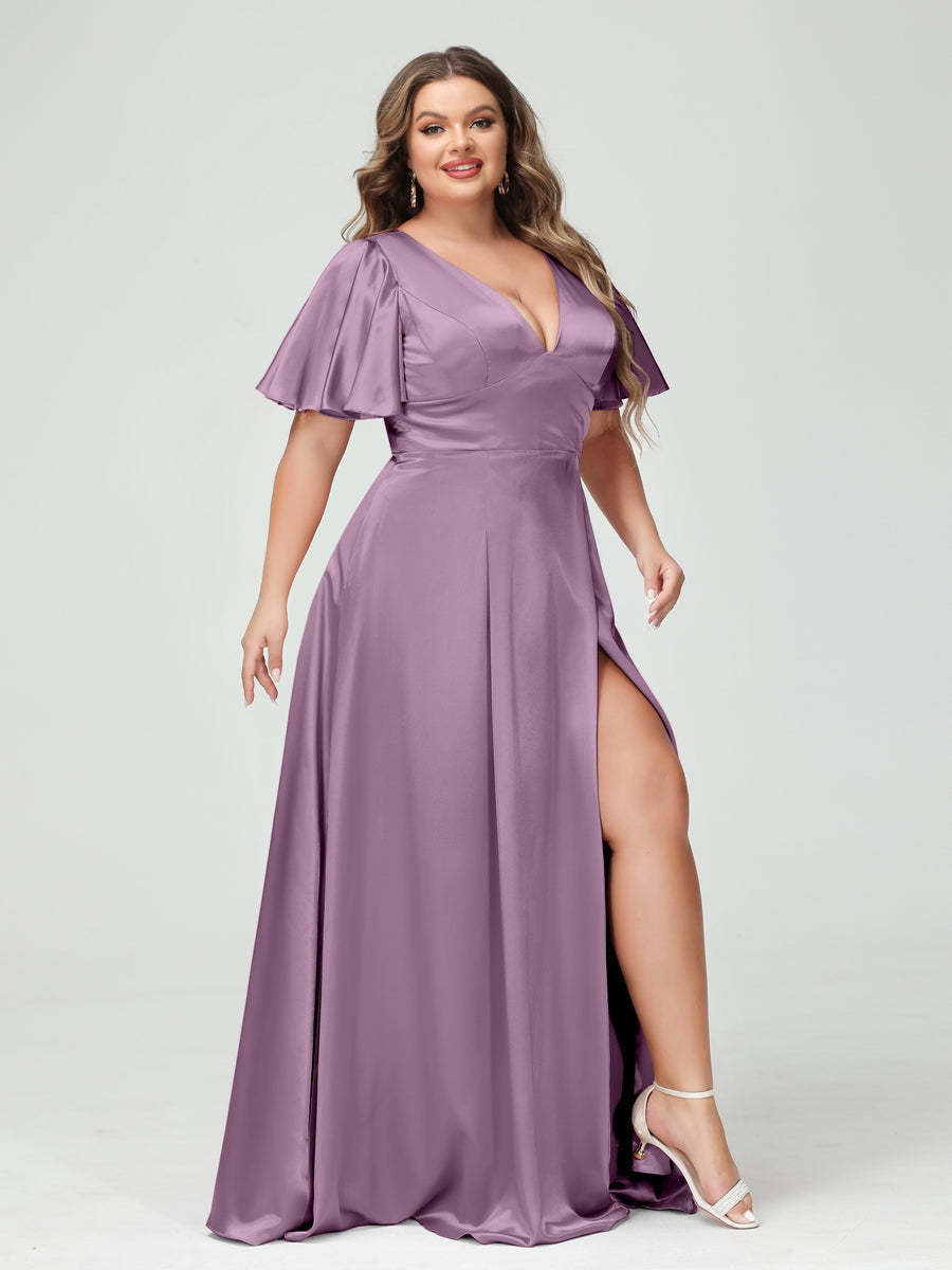 Plus Size Silk Satin Bridesmaid Dress with Pockets, A-Line V-Neck and Half Sleeves