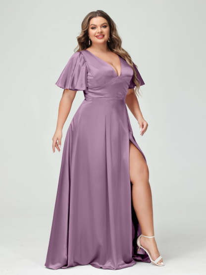 Plus Size Silk Satin Bridesmaid Dress with Pockets, A-Line V-Neck and Half Sleeves