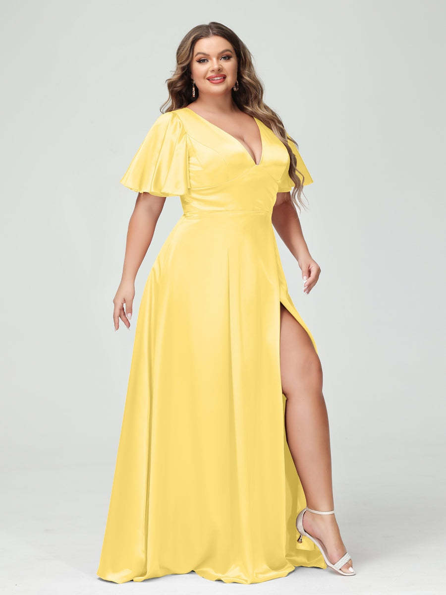 Plus Size Silk Satin Bridesmaid Dress with Pockets, A-Line V-Neck and Half Sleeves