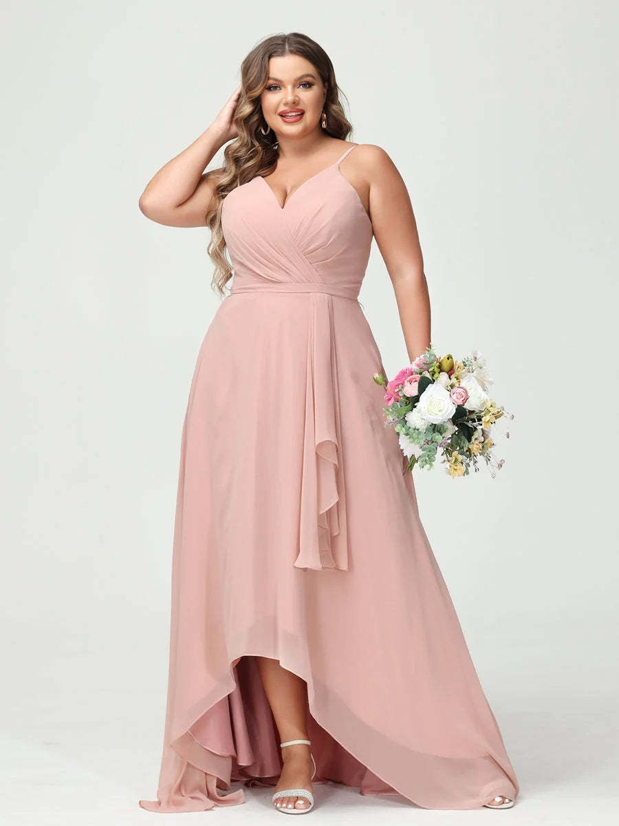 Plus Size Asymmetrical A-Line Bridesmaid Dress with Chiffon Ruffles and Spaghetti Straps, Featuring Pockets-BMbridal.UK
