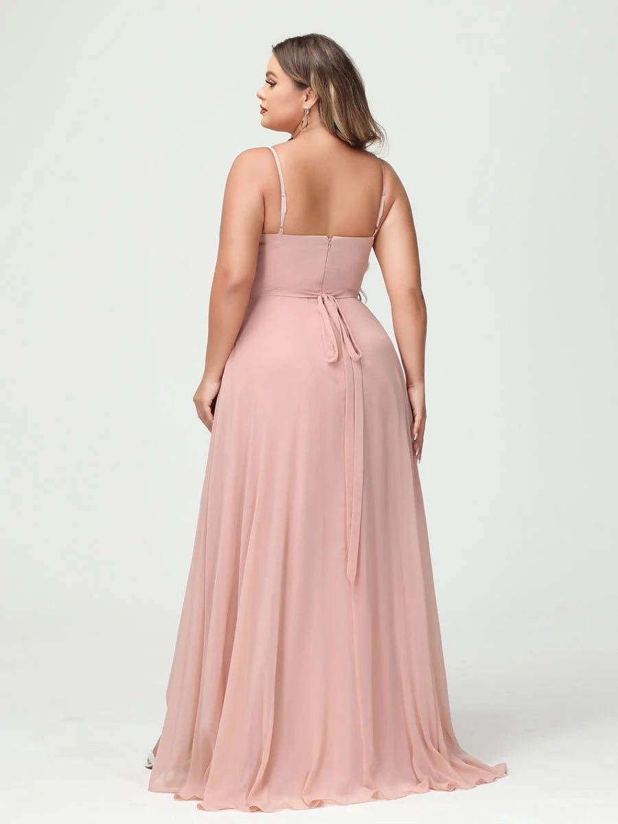 Plus Size Asymmetrical A-Line Bridesmaid Dress with Chiffon Ruffles and Spaghetti Straps, Featuring Pockets-BMbridal.UK