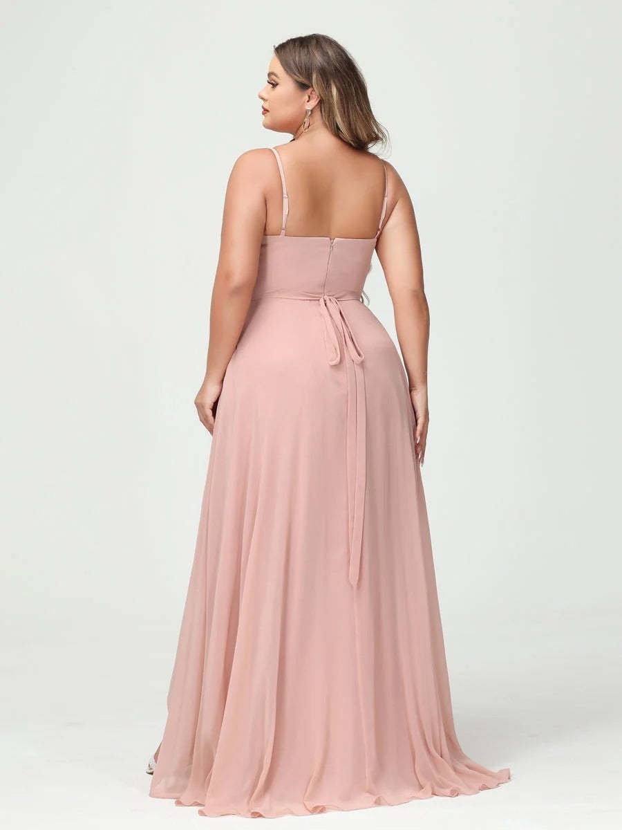Plus Size Asymmetrical A-Line Bridesmaid Dress with Chiffon Ruffles and Spaghetti Straps, Featuring Pockets-BMbridal.UK